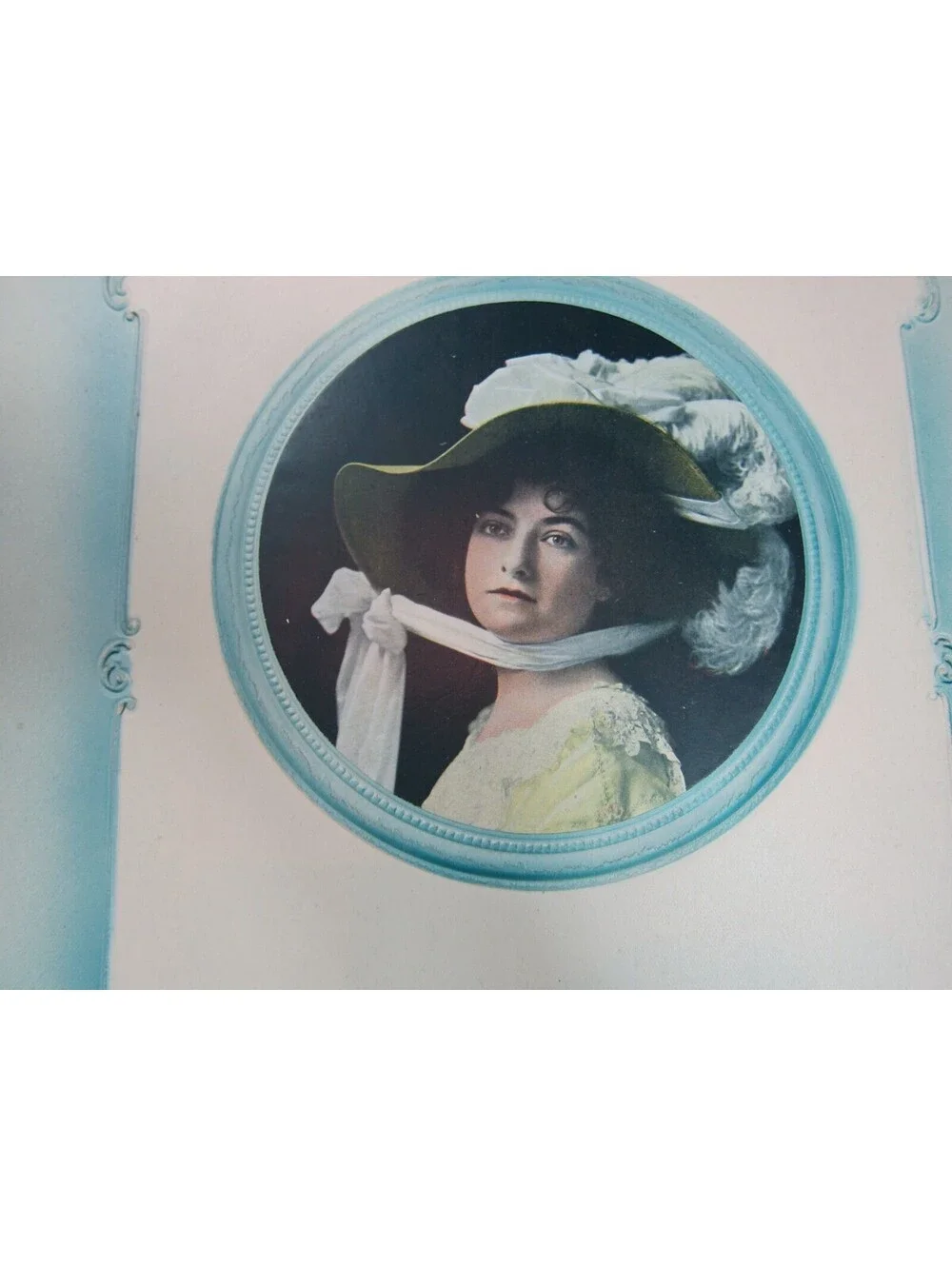 Antique Art Print Woman Yellow Dress White Feather Hat Circa 1900 Fashion